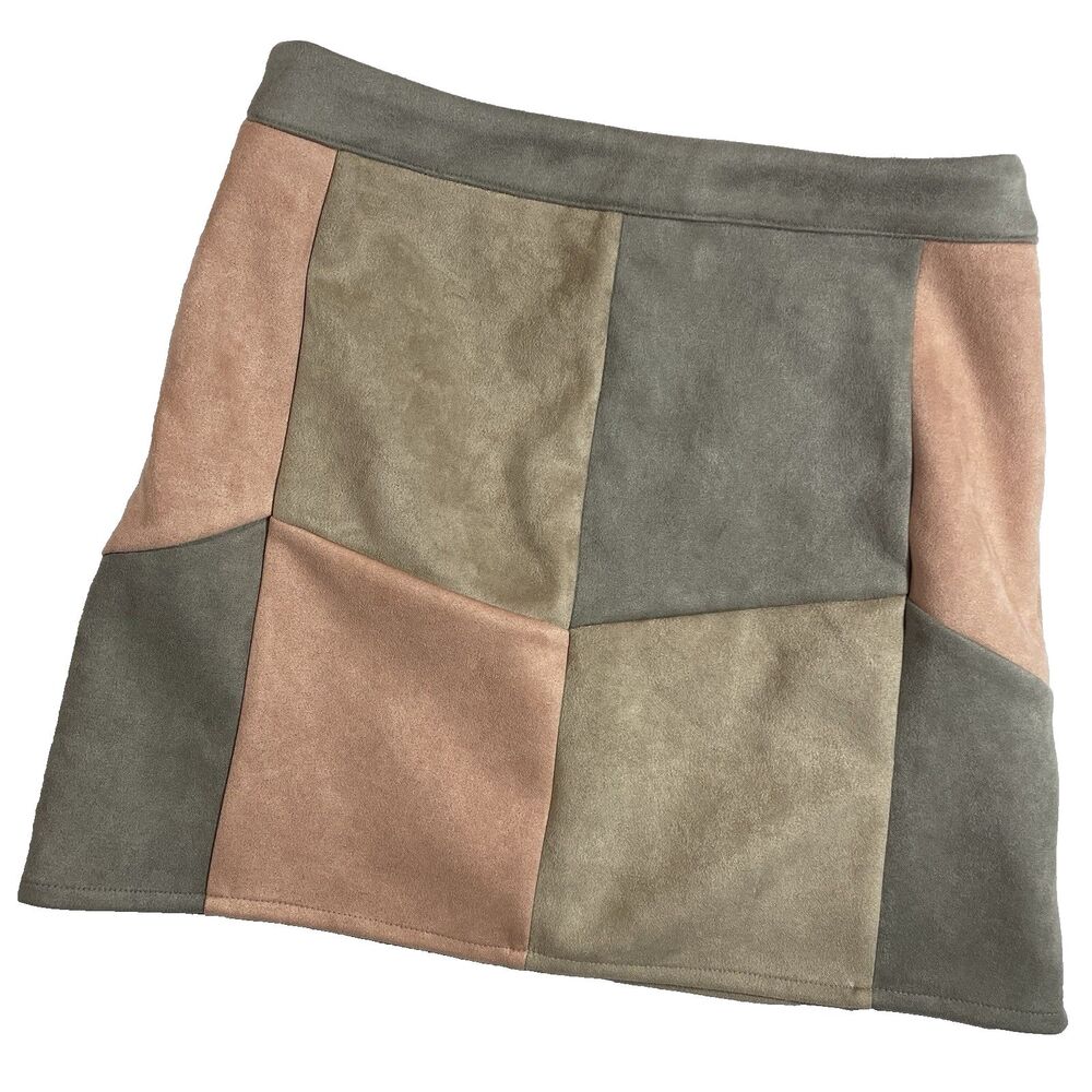 Versona Faux Suede Mini Skirt Size 6 Colorblock Coral Gray Beige Boho Casual